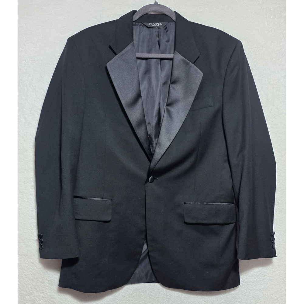 Jos A Bank Mens 38R Tuxedo Jacket Black 100% Wool Satin Peak Lapel Made in USA